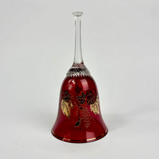 Vintage Ruby Red Glass Bell with Clear Twisted Stem & Gold Grape Decoration | 19cm