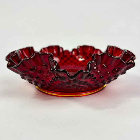 Vintage Ruby Red Hobnail Glass Ruffled Bowl | Decorative Centrepiece Dish | 20cm