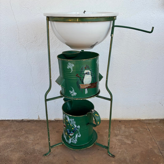 Vintage Vitromant Enamel Wash Stand with Hand-Painted Buckets & Basin | Australian Bush Motif
