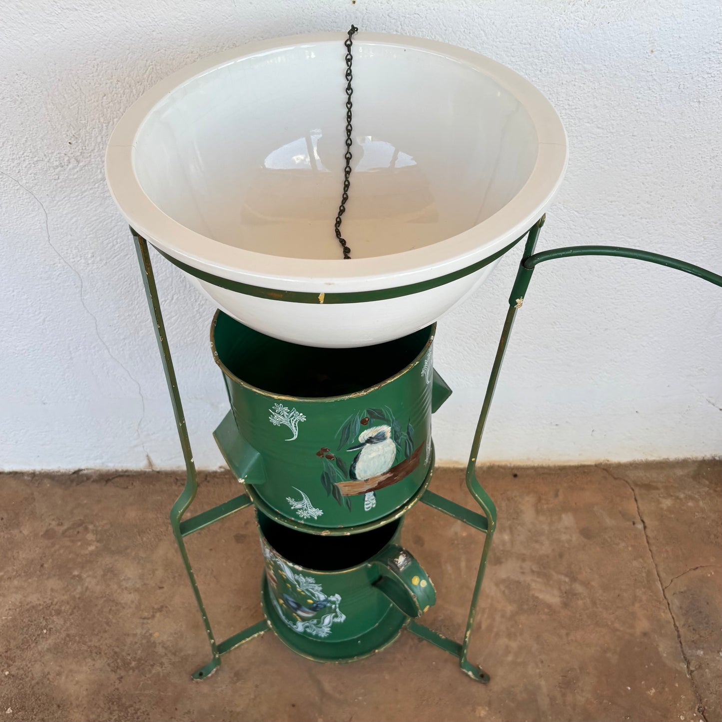Vintage Vitromant Enamel Wash Stand with Hand-Painted Buckets & Basin | Australian Bush Motif