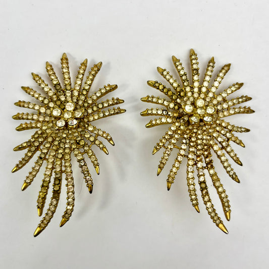 Vintage SWANK Gold Tone Rhinestone Starburst Clip-On Earrings c.1960s
