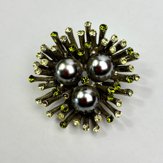 Vintage Mid-Century Starburst Brooch with Faux Pearls & Green Rhinestones c.1960s