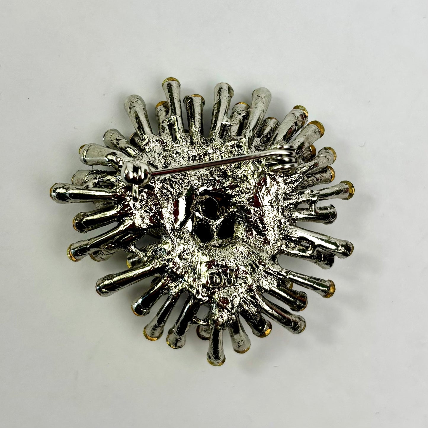 Vintage Mid-Century Starburst Brooch with Faux Pearls & Green Rhinestones c.1960s