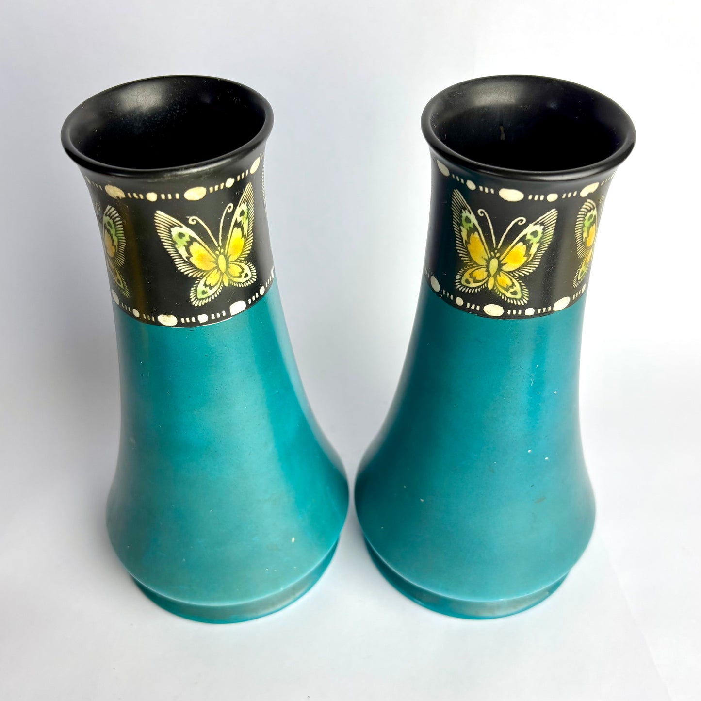 Pair Shelley Vases Pattern 799 – Turquoise Drip Glaze with Butterfly Border – England c1930s
