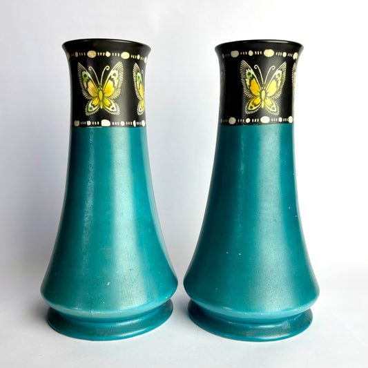 Pair Shelley Vases Pattern 799 – Turquoise Drip Glaze with Butterfly Border – England c1930s
