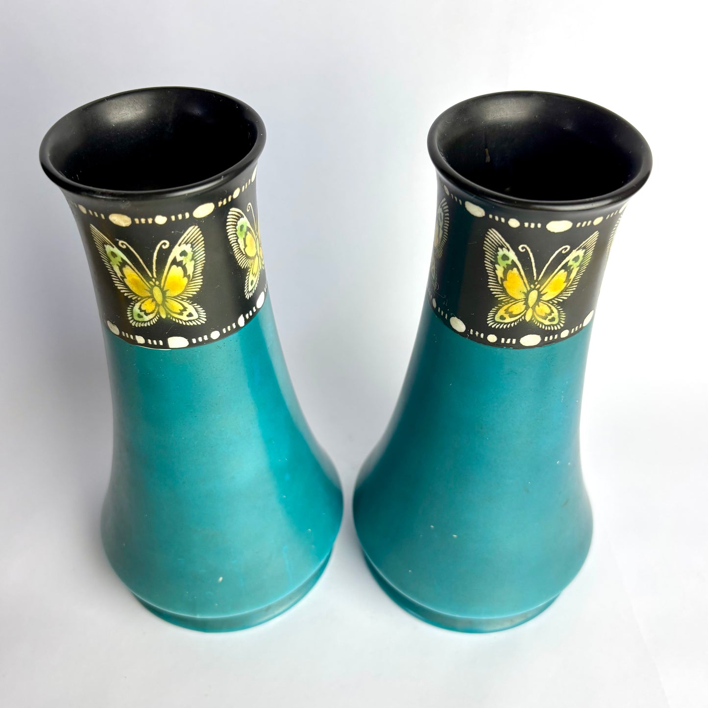 Pair Shelley Vases Pattern 799 – Turquoise Drip Glaze with Butterfly Border – England c1930s