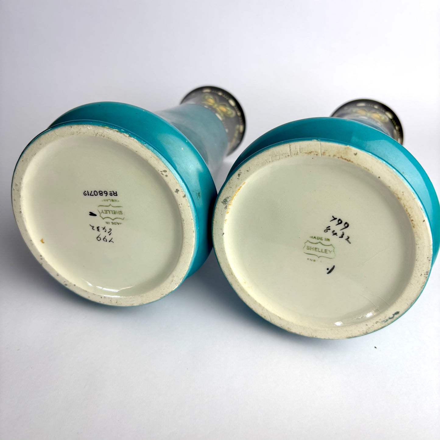 Pair Shelley Vases Pattern 799 – Turquoise Drip Glaze with Butterfly Border – England c1930s