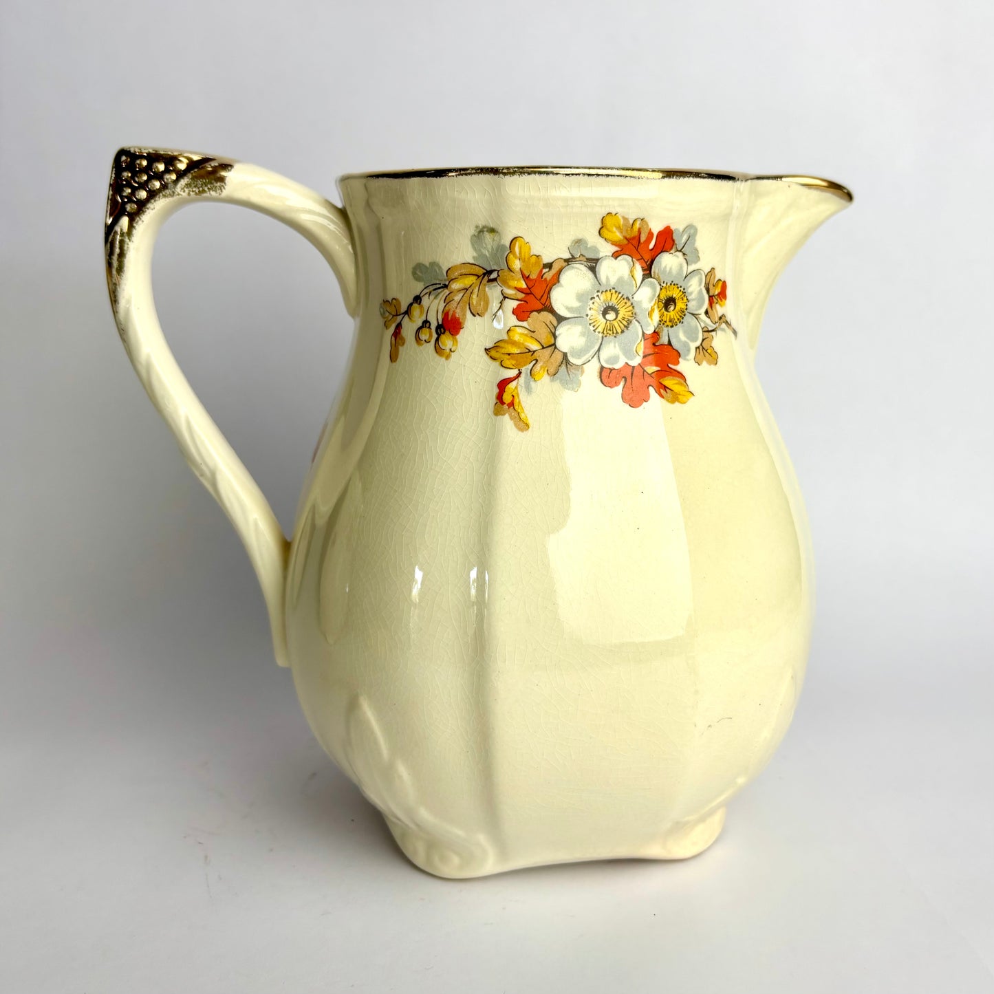 Large Vintage Alfred Meakin Floral Water Jug – Gilt Handle – England c1940s