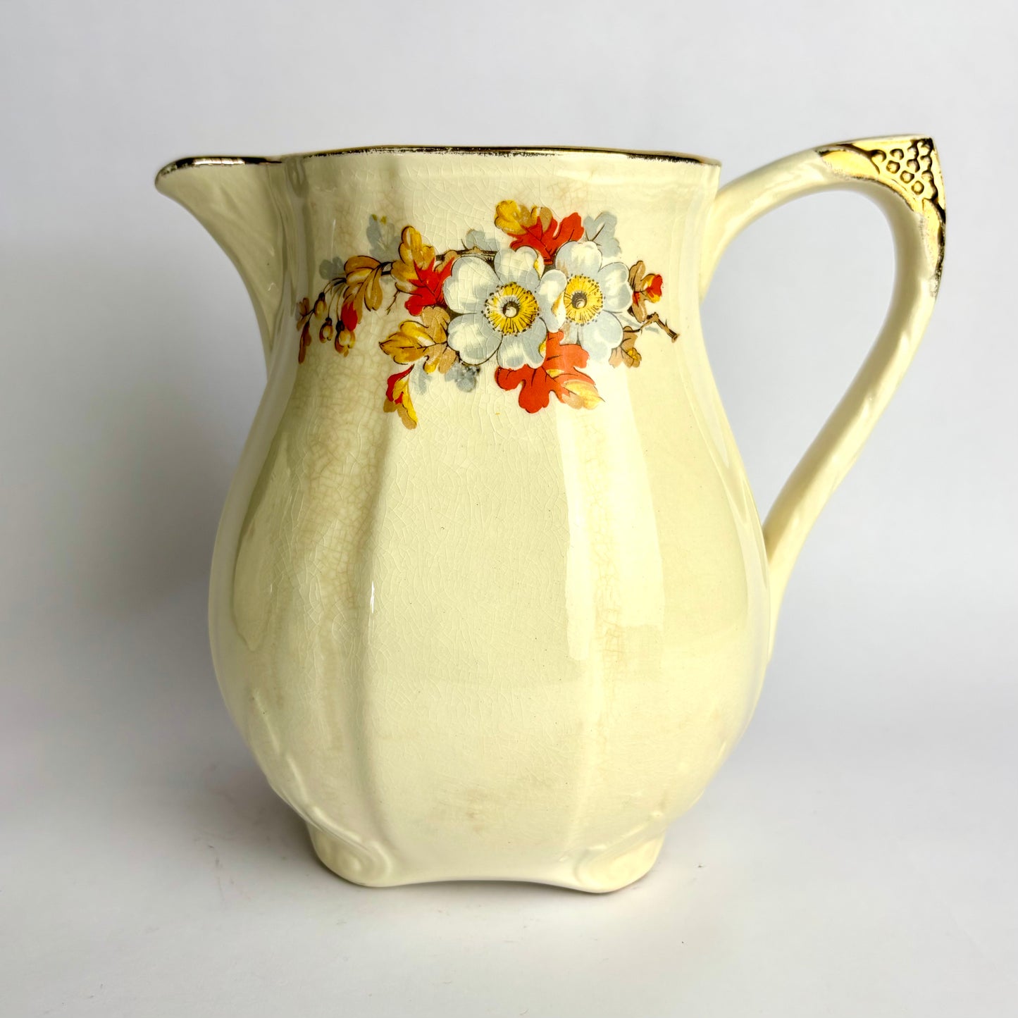 Large Vintage Alfred Meakin Floral Water Jug – Gilt Handle – England c1940s