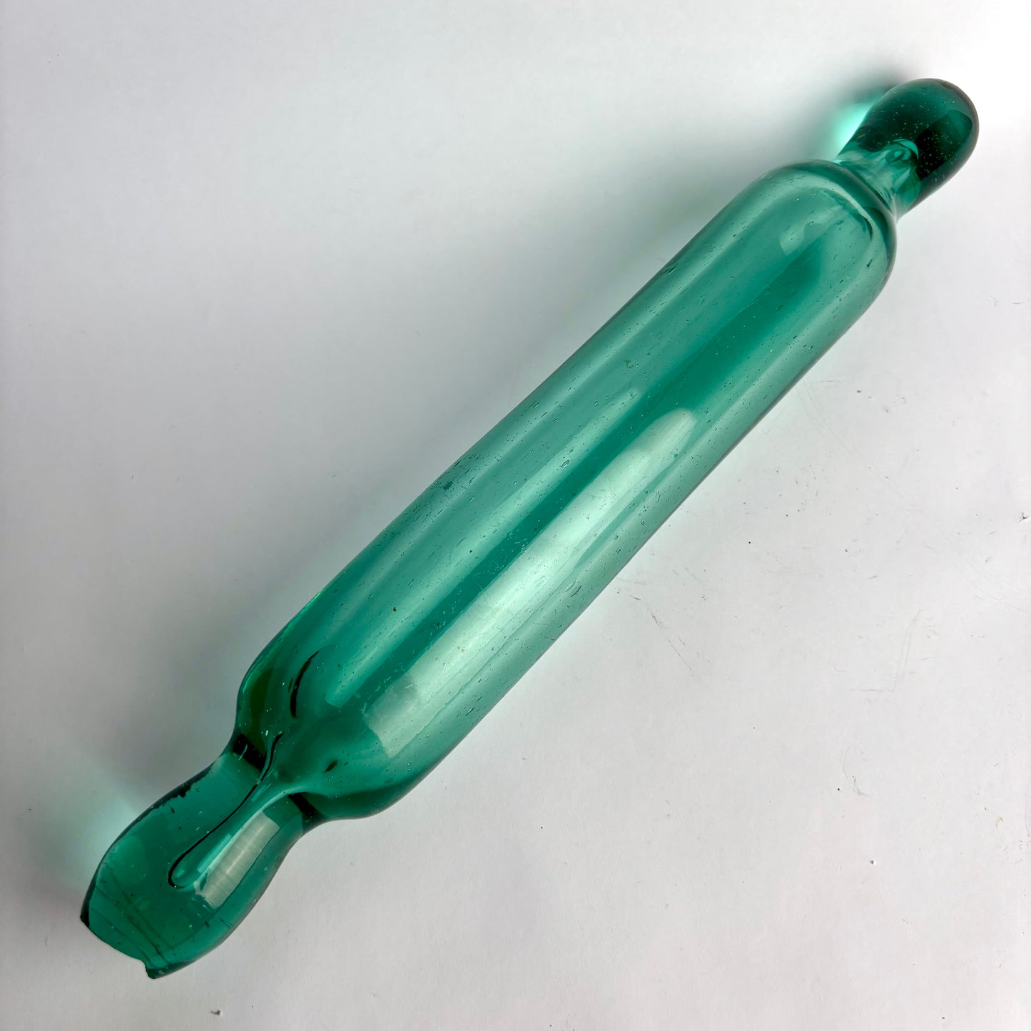 Antique Aqua Glass Rolling Pin – Solid Ends – Heavy Gauge – c1930s