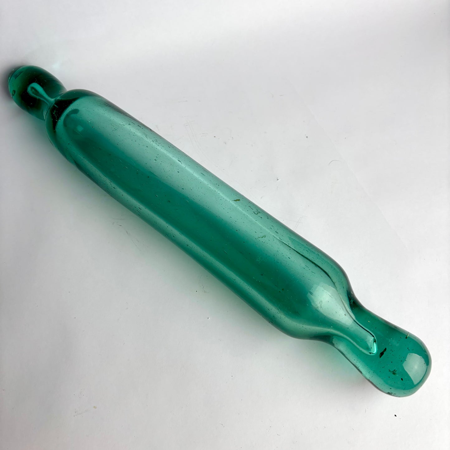Antique Aqua Glass Rolling Pin – Solid Ends – Heavy Gauge – c1930s