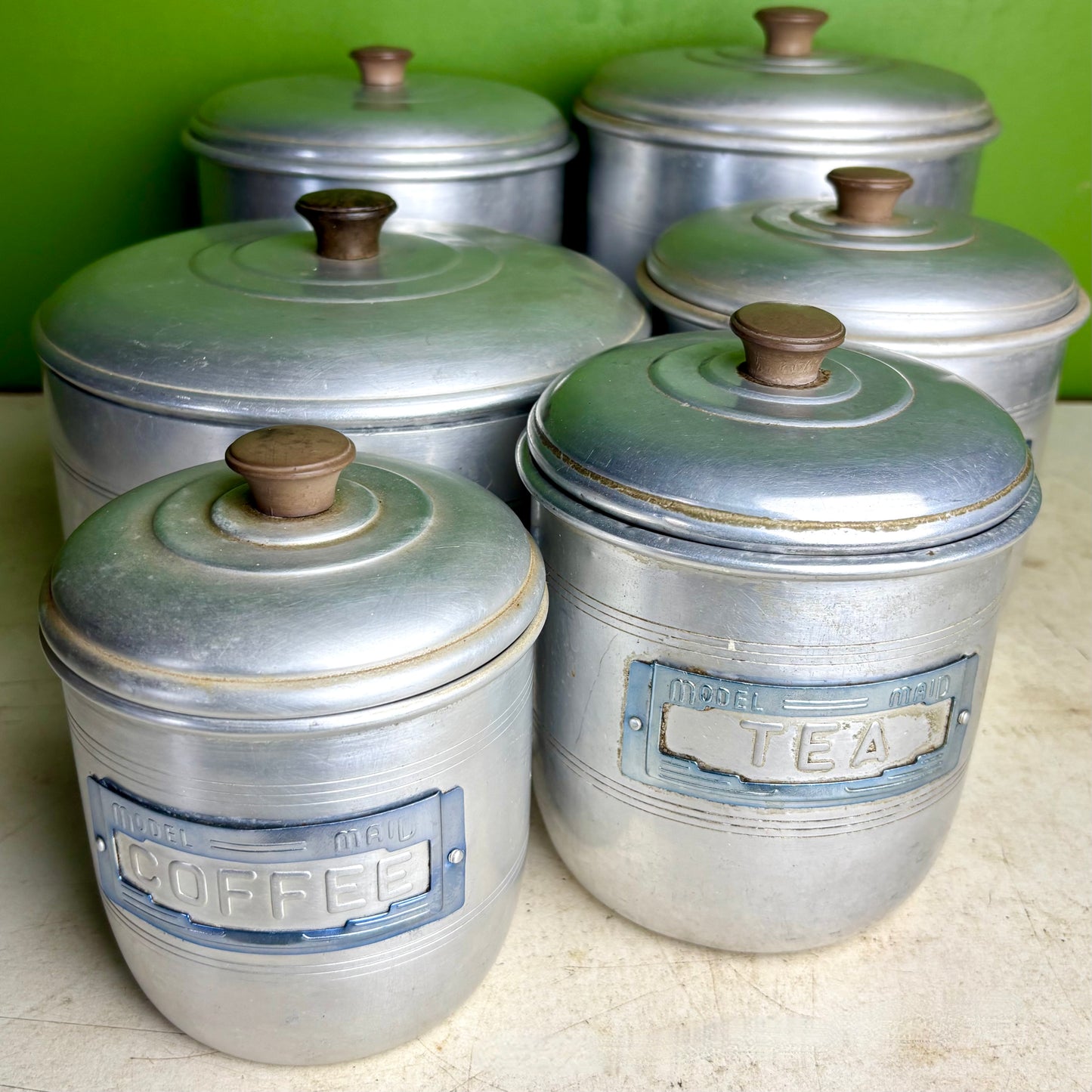 Vintage Model Maid Aluminium Kitchen Canister Set – 6 Piece – Tea, Coffee, Sugar, Flour, Rice & Biscuits