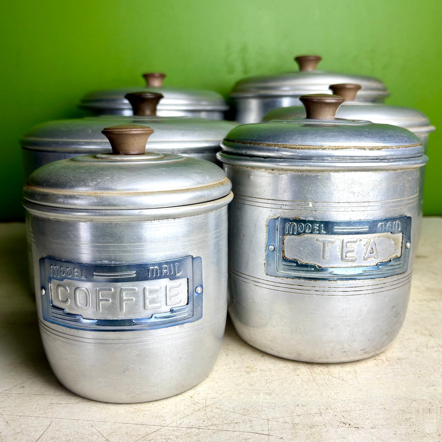Vintage Model Maid Aluminium Kitchen Canister Set – 6 Piece – Tea, Coffee, Sugar, Flour, Rice & Biscuits
