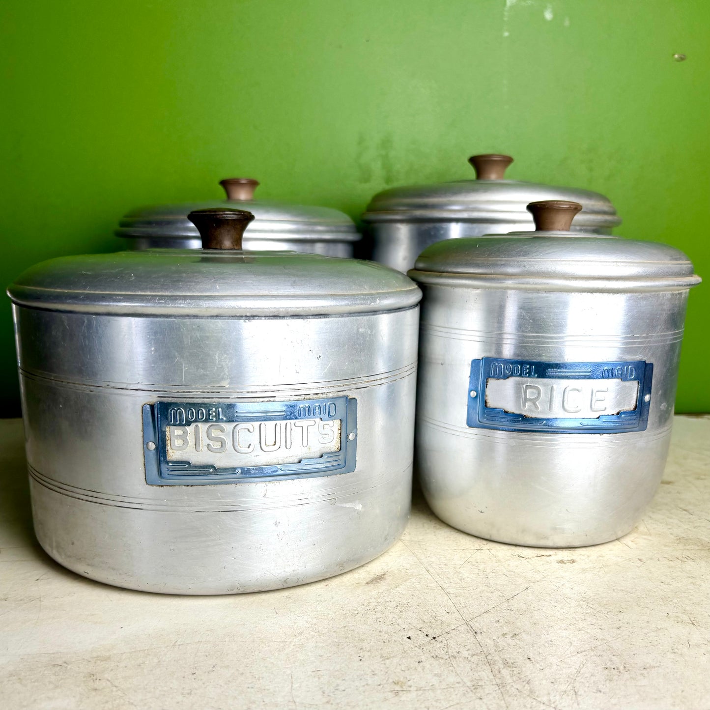 Vintage Model Maid Aluminium Kitchen Canister Set – 6 Piece – Tea, Coffee, Sugar, Flour, Rice & Biscuits