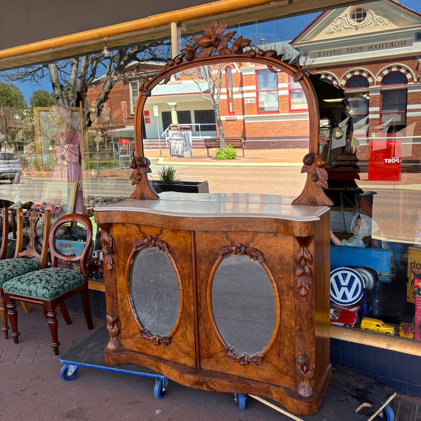 Victorian Burr Walnut Chiffonier with Marble Top & Mirror Back – c.1875