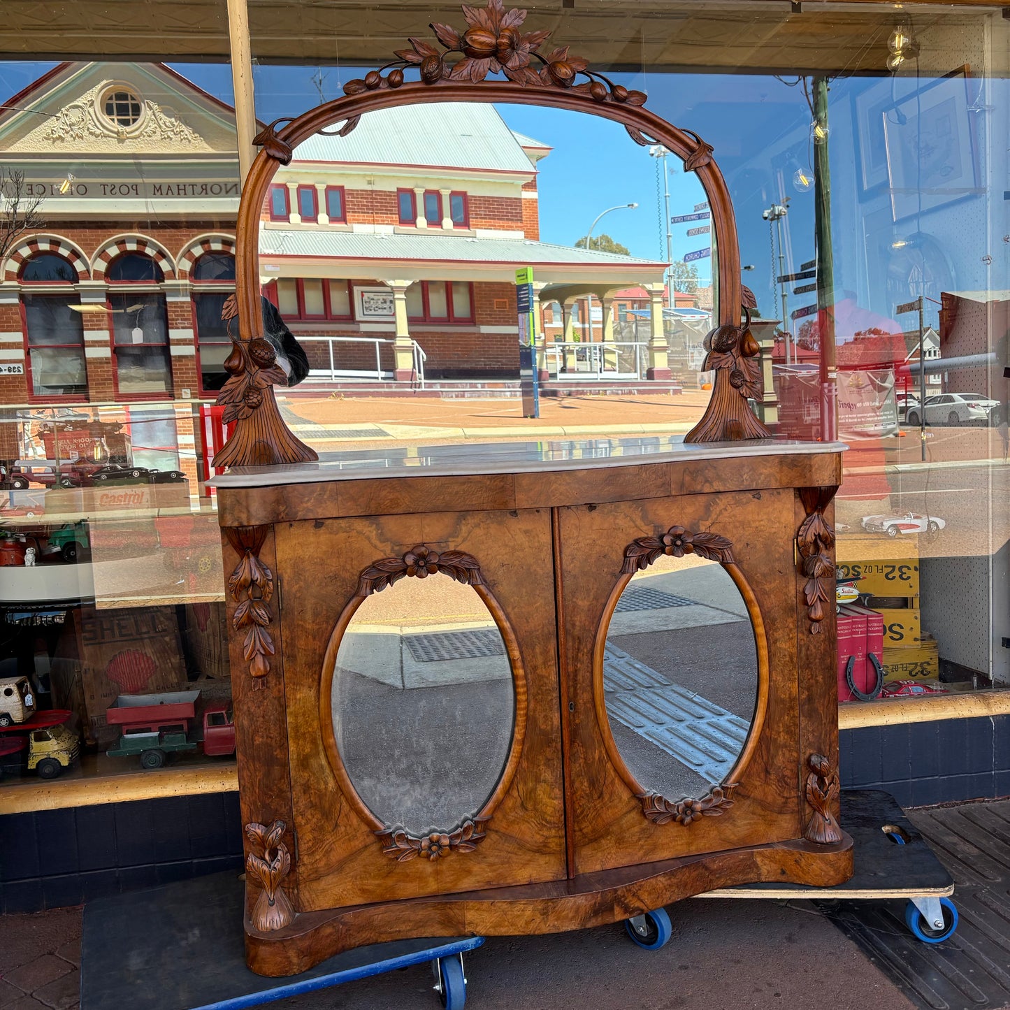 Victorian Burr Walnut Chiffonier with Marble Top & Mirror Back – c.1875