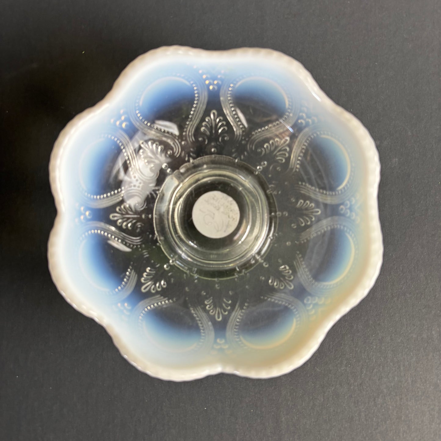 Vintage Opalescent Glass Pedestal Bowl – Paisley Pattern – Blue Milk Glass Dish