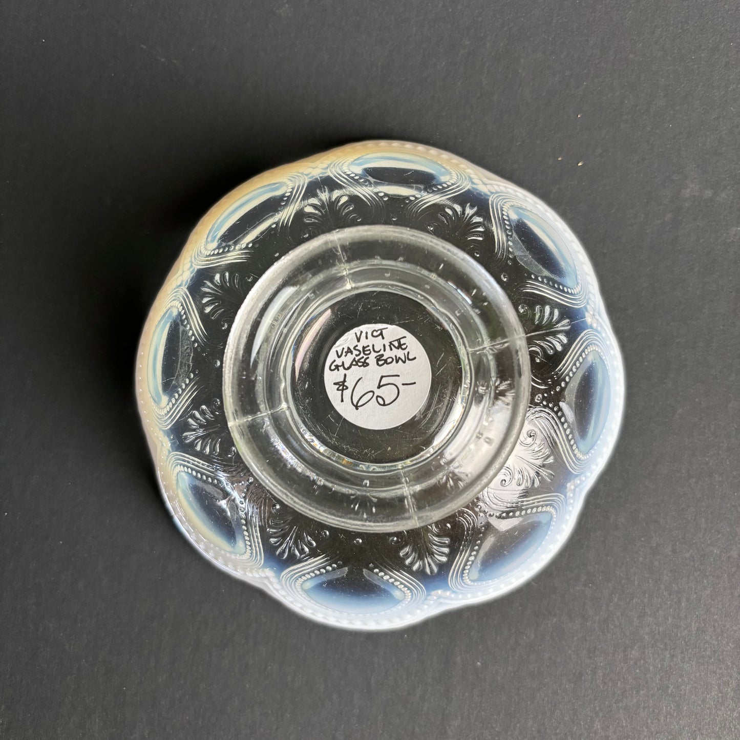 Vintage Opalescent Glass Pedestal Bowl – Paisley Pattern – Blue Milk Glass Dish