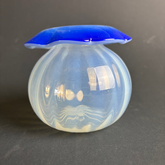 Vintage Opaline Art Glass Vase with Cobalt Blue Crimped Rim – Murano Style