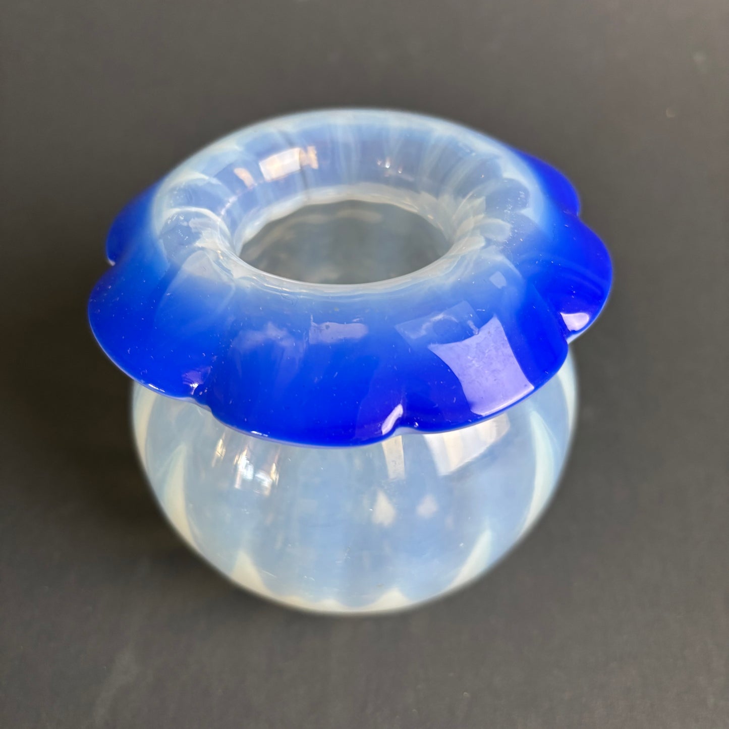 Vintage Opaline Art Glass Vase with Cobalt Blue Crimped Rim – Murano Style
