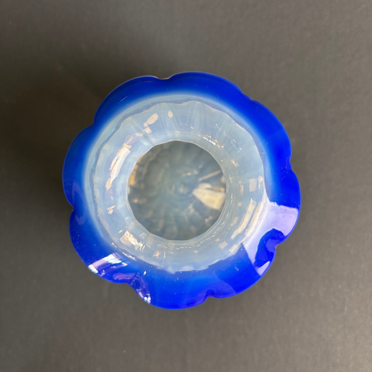 Vintage Opaline Art Glass Vase with Cobalt Blue Crimped Rim – Murano Style