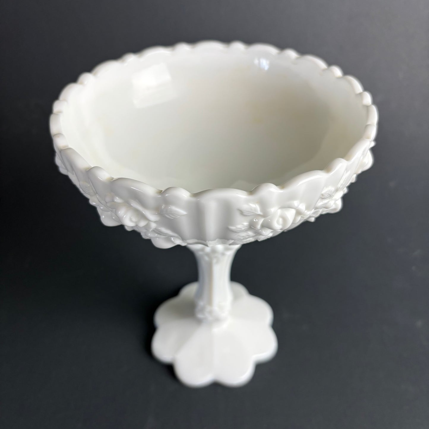 Vintage Milk Glass Pedestal Compote Bowl – Rose Garland Pattern