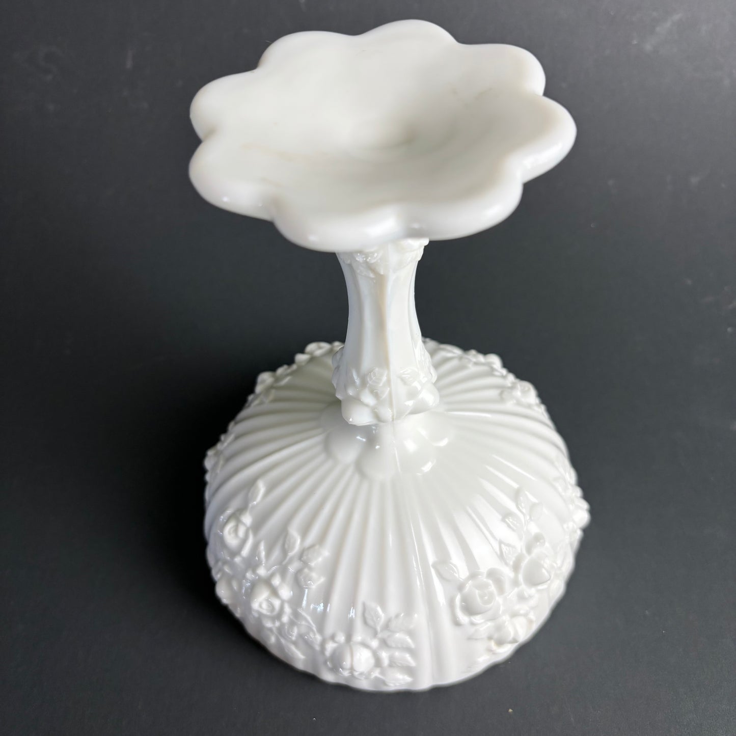 Vintage Milk Glass Pedestal Compote Bowl – Rose Garland Pattern