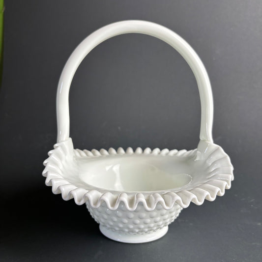 Vintage Milk Glass Hobnail Basket with Ruffled Rim – Fenton Style