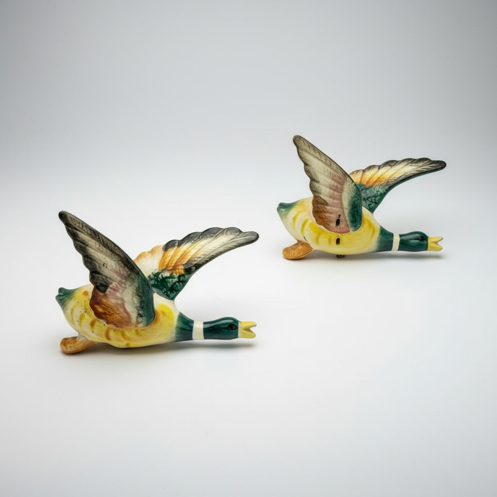 Two ceramic duck figurines on a light gray background