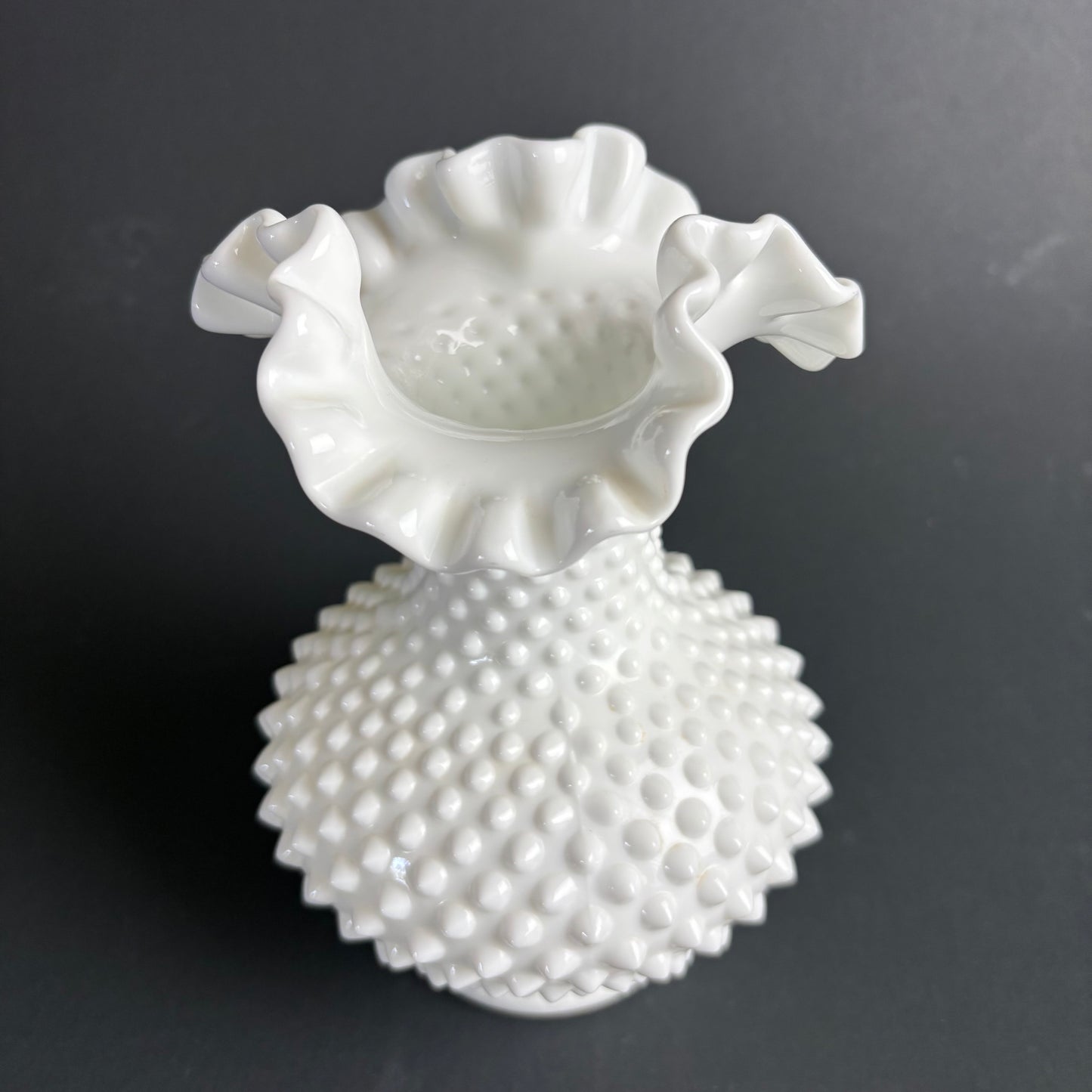 Vintage Hobnail Milk Glass Vase with Ruffled Rim – Fenton Style