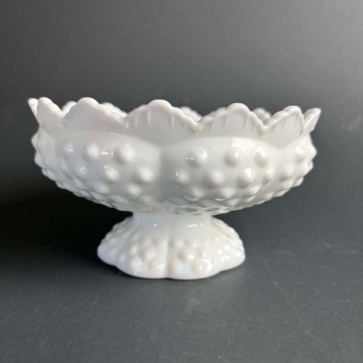 Vintage Fenton Hobnail Milk Glass Pedestal Bowl / Flower Frog Vase