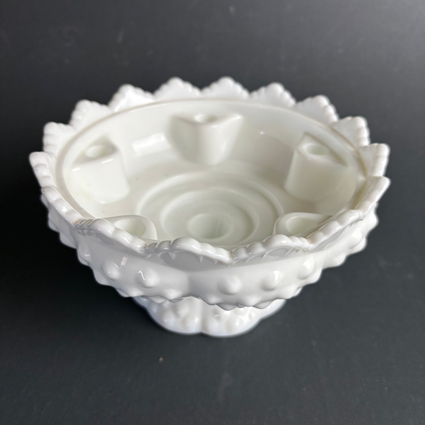 Vintage Fenton Hobnail Milk Glass Pedestal Bowl / Flower Frog Vase