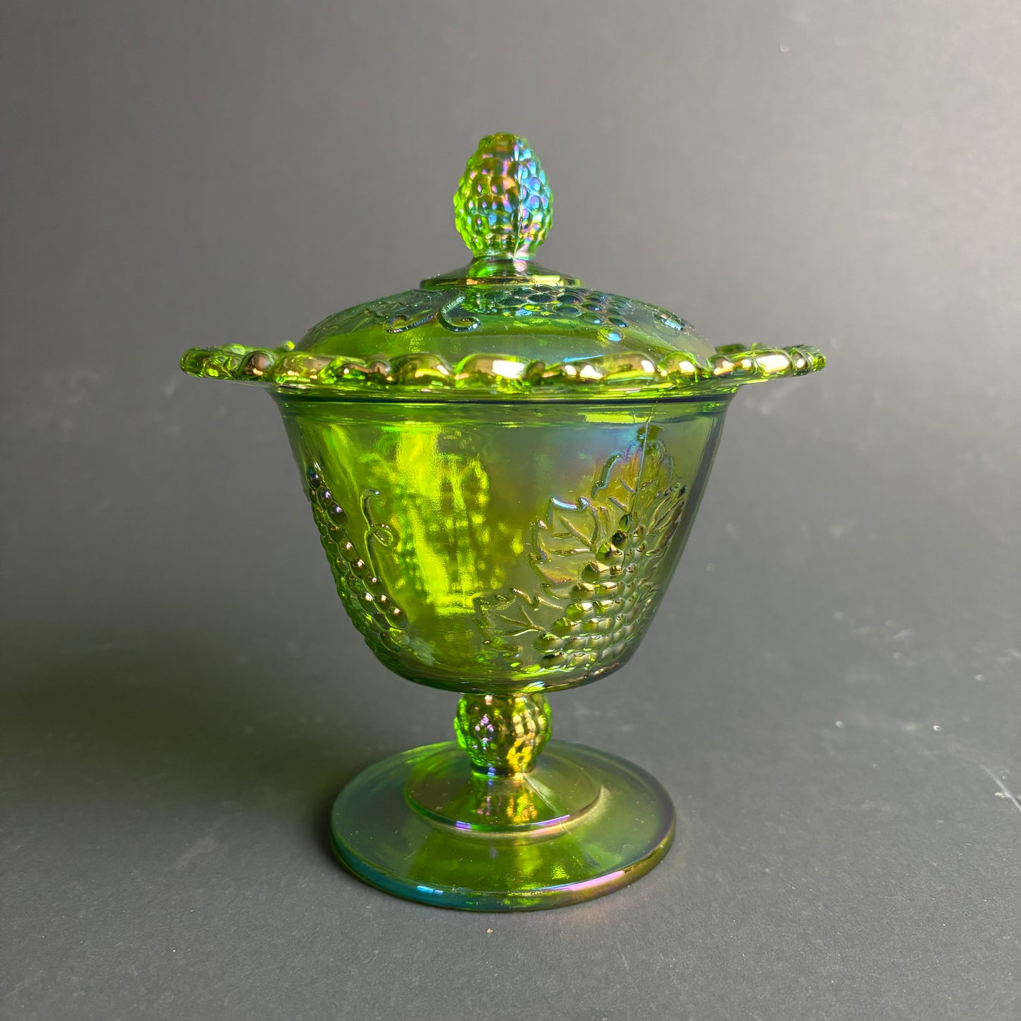 Antique Carnival Glass Covered Candy Dish – Grapes & Leaves – Pedestal Comport – c.1920