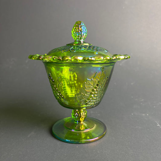 Antique Carnival Glass Covered Candy Dish – Grapes & Leaves – Pedestal Comport – c.1920