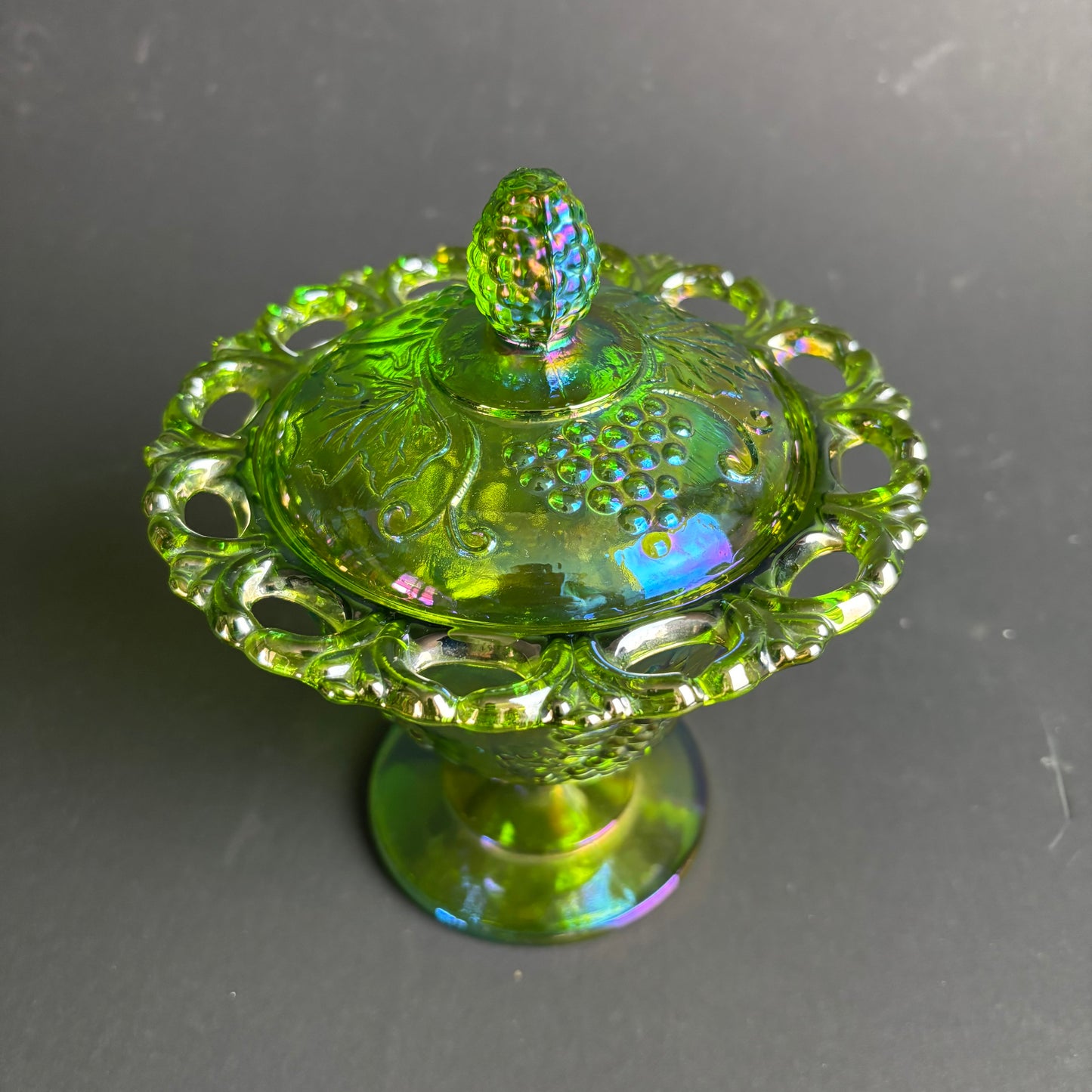 Antique Carnival Glass Covered Candy Dish – Grapes & Leaves – Pedestal Comport – c.1920