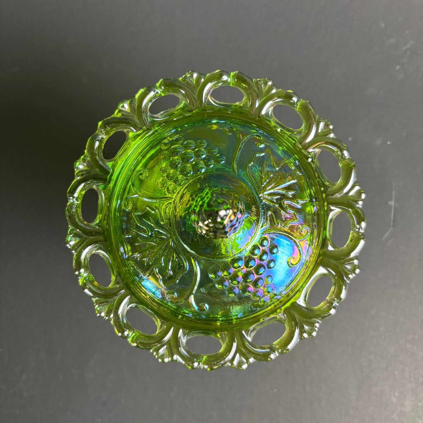 Antique Carnival Glass Covered Candy Dish – Grapes & Leaves – Pedestal Comport – c.1920