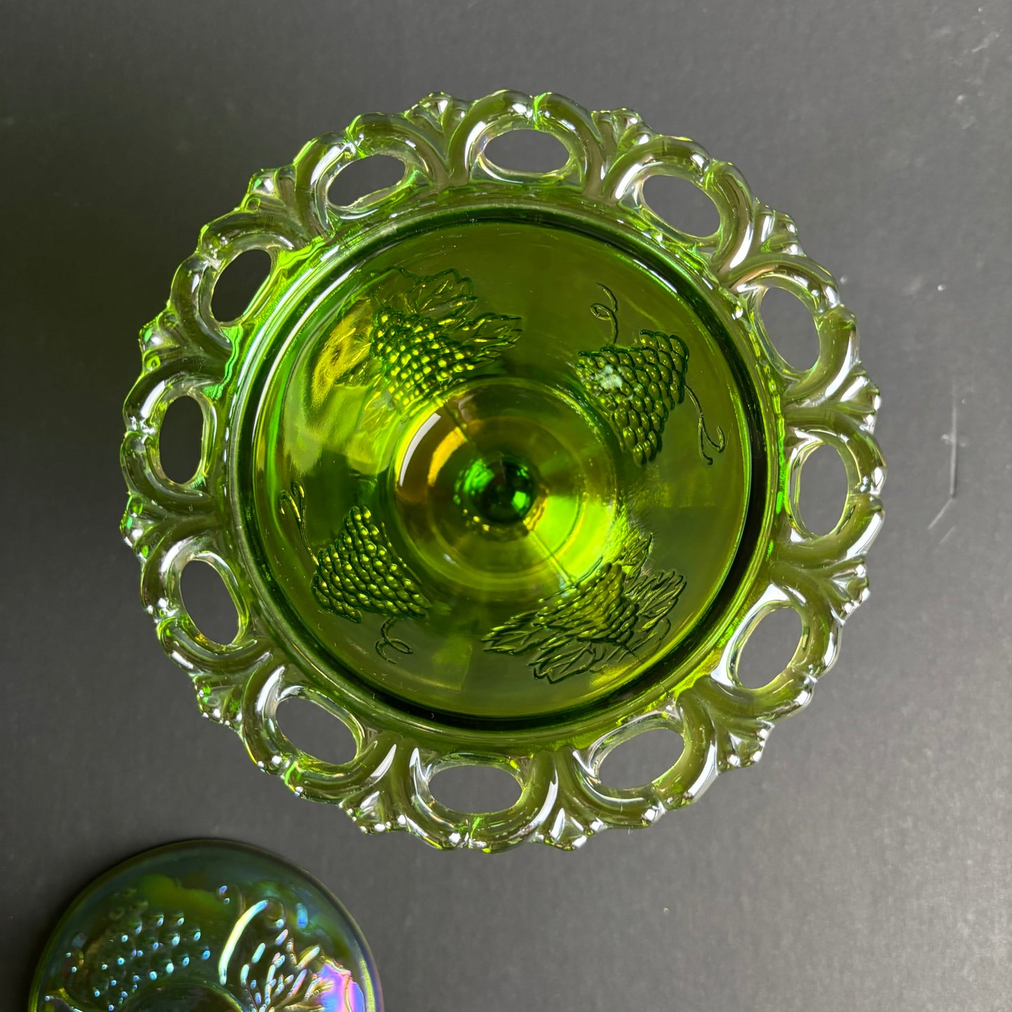 Antique Carnival Glass Covered Candy Dish – Grapes & Leaves – Pedestal Comport – c.1920