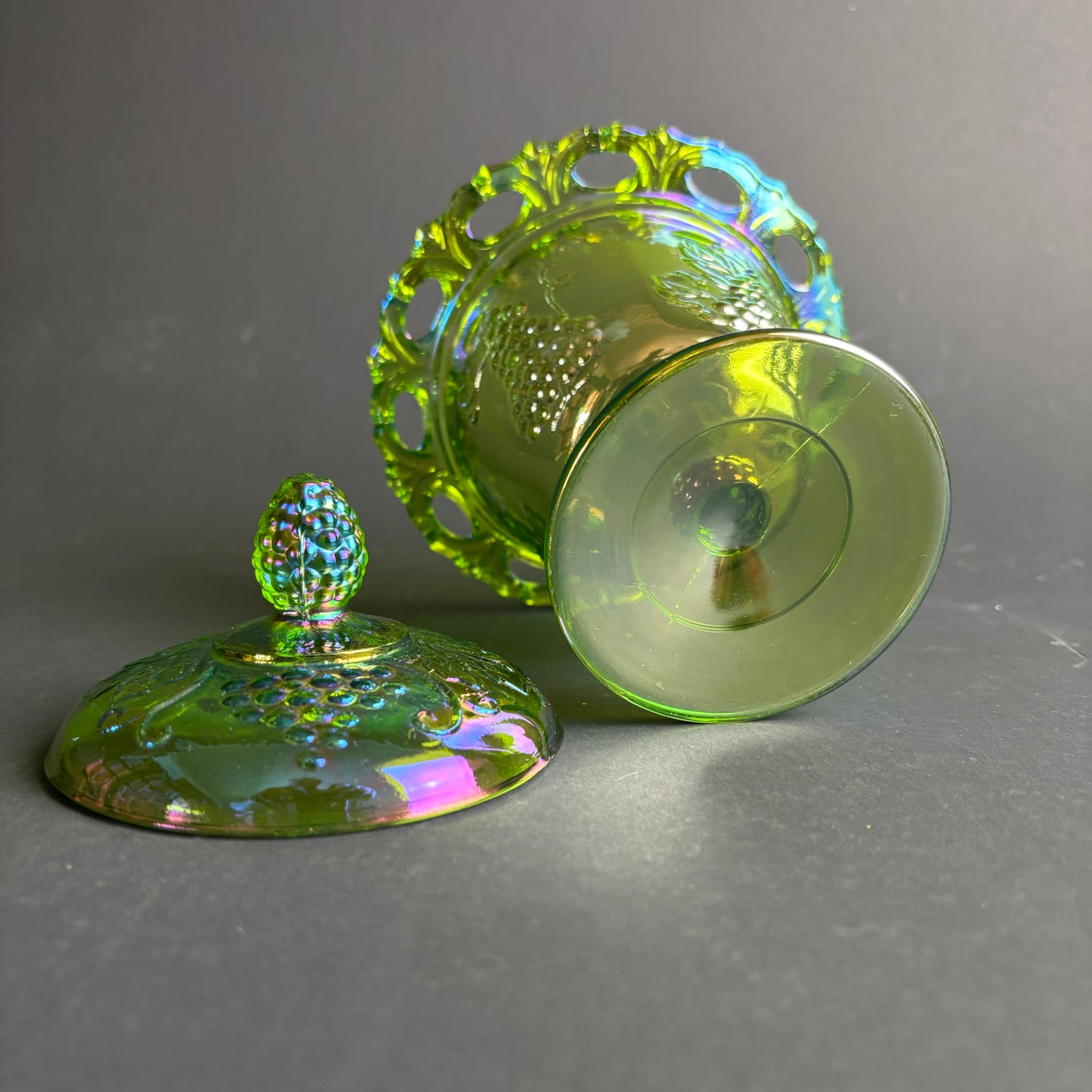 Antique Carnival Glass Covered Candy Dish – Grapes & Leaves – Pedestal Comport – c.1920