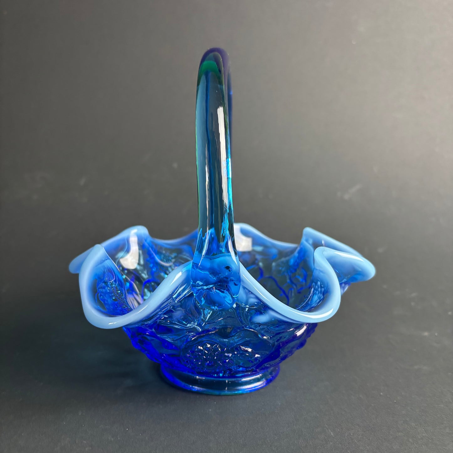 Vintage Blue Art Glass Basket – Applied Opalescent Rim – Floral Pattern