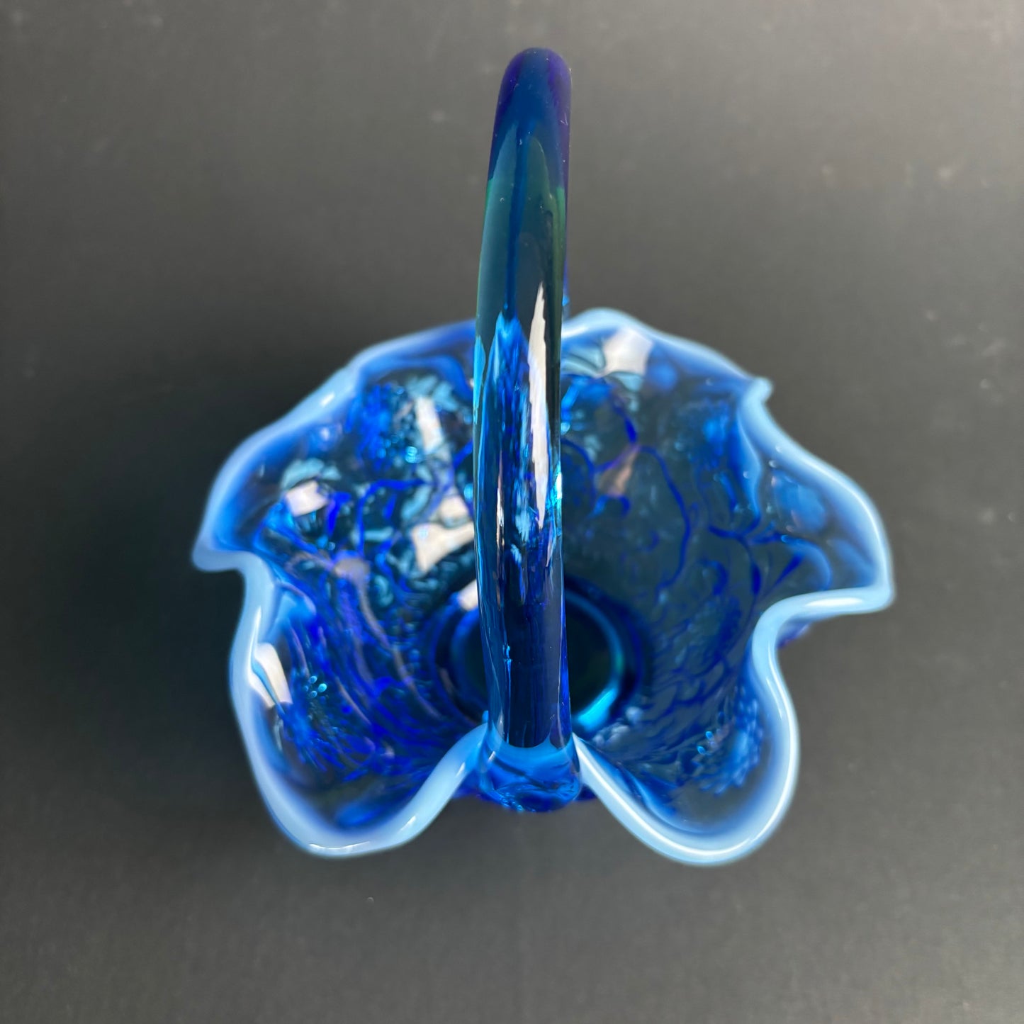 Vintage Blue Art Glass Basket – Applied Opalescent Rim – Floral Pattern