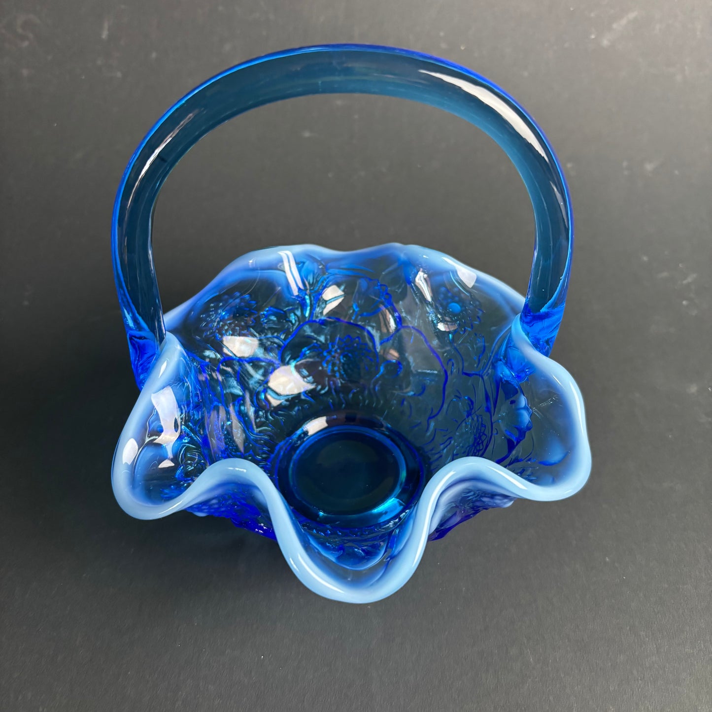 Vintage Blue Art Glass Basket – Applied Opalescent Rim – Floral Pattern
