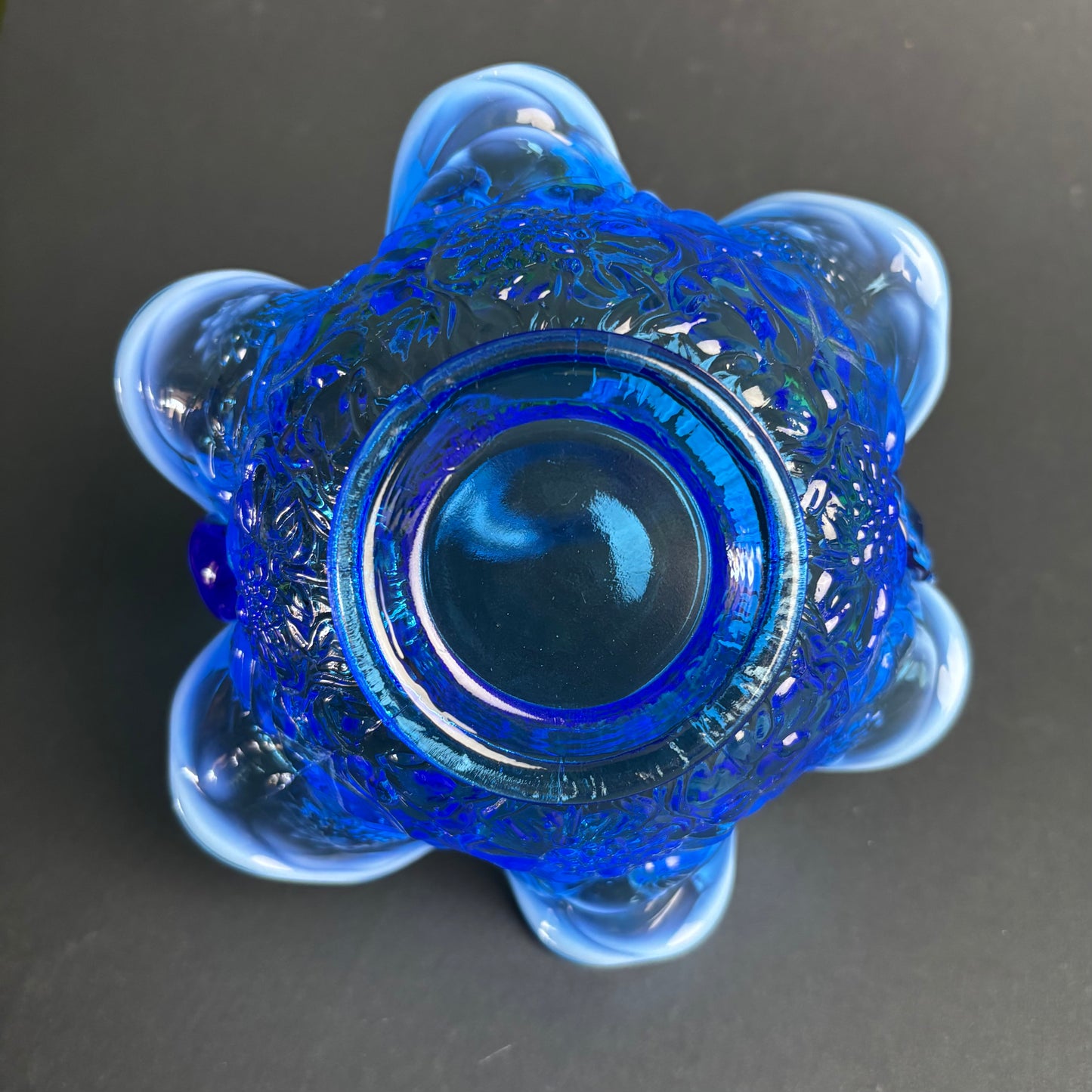 Vintage Blue Art Glass Basket – Applied Opalescent Rim – Floral Pattern