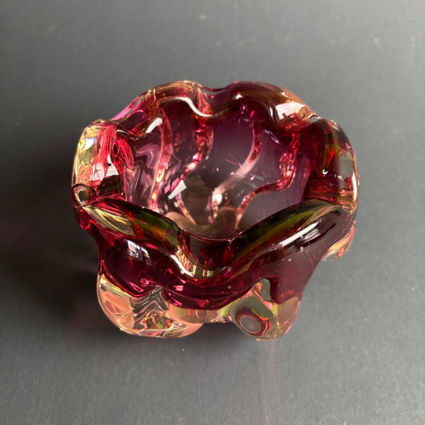 Vintage Cranberry & Clear Art Glass Bowl – Sculptural Folded Form – c.1960s–70s