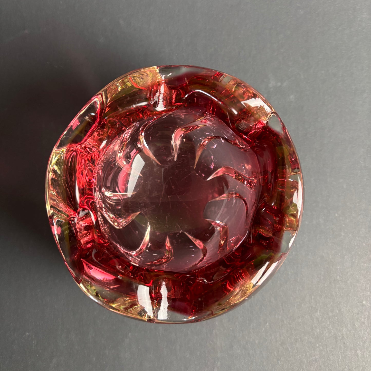 Vintage Cranberry & Clear Art Glass Bowl – Sculptural Folded Form – c.1960s–70s