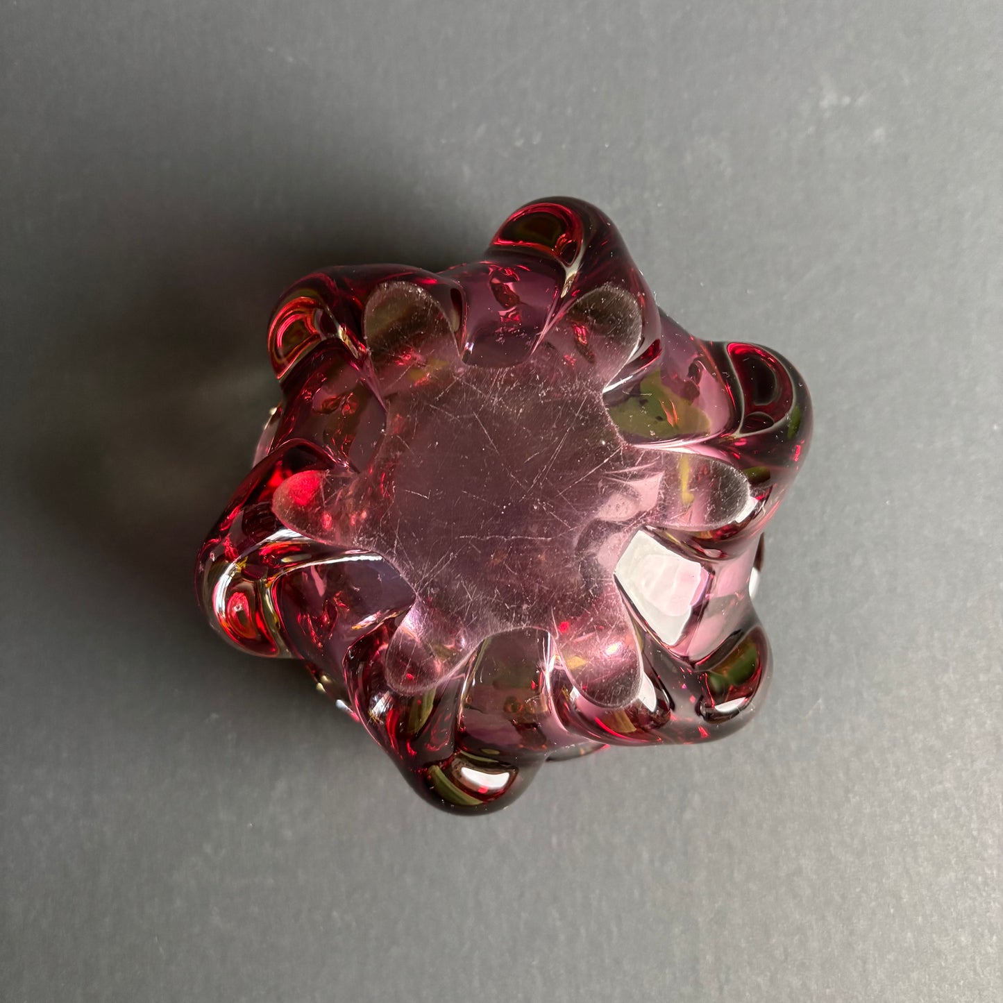 Vintage Cranberry & Clear Art Glass Bowl – Sculptural Folded Form – c.1960s–70s