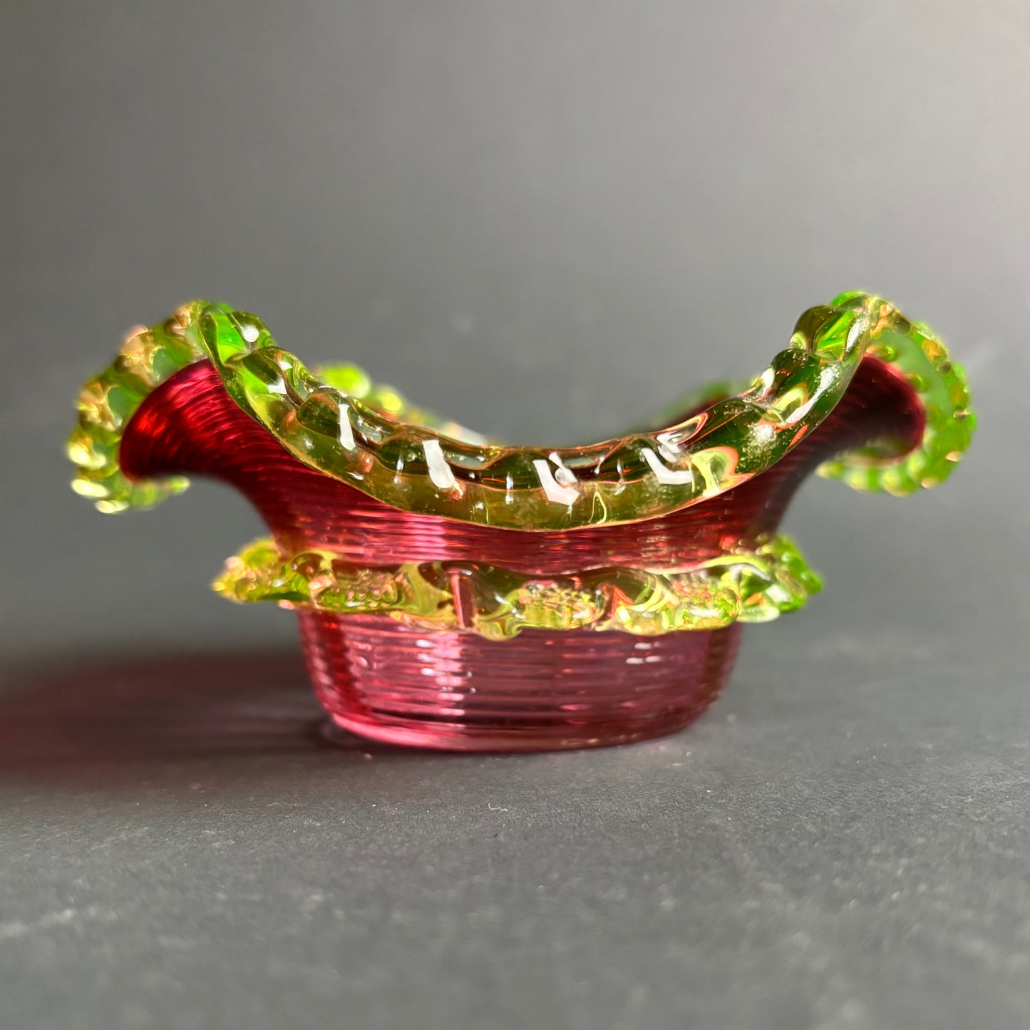 Victorian Cranberry Glass Bowl with Uranium Vaseline Rigaree Rim – UV Reactive – c.1880–1900
