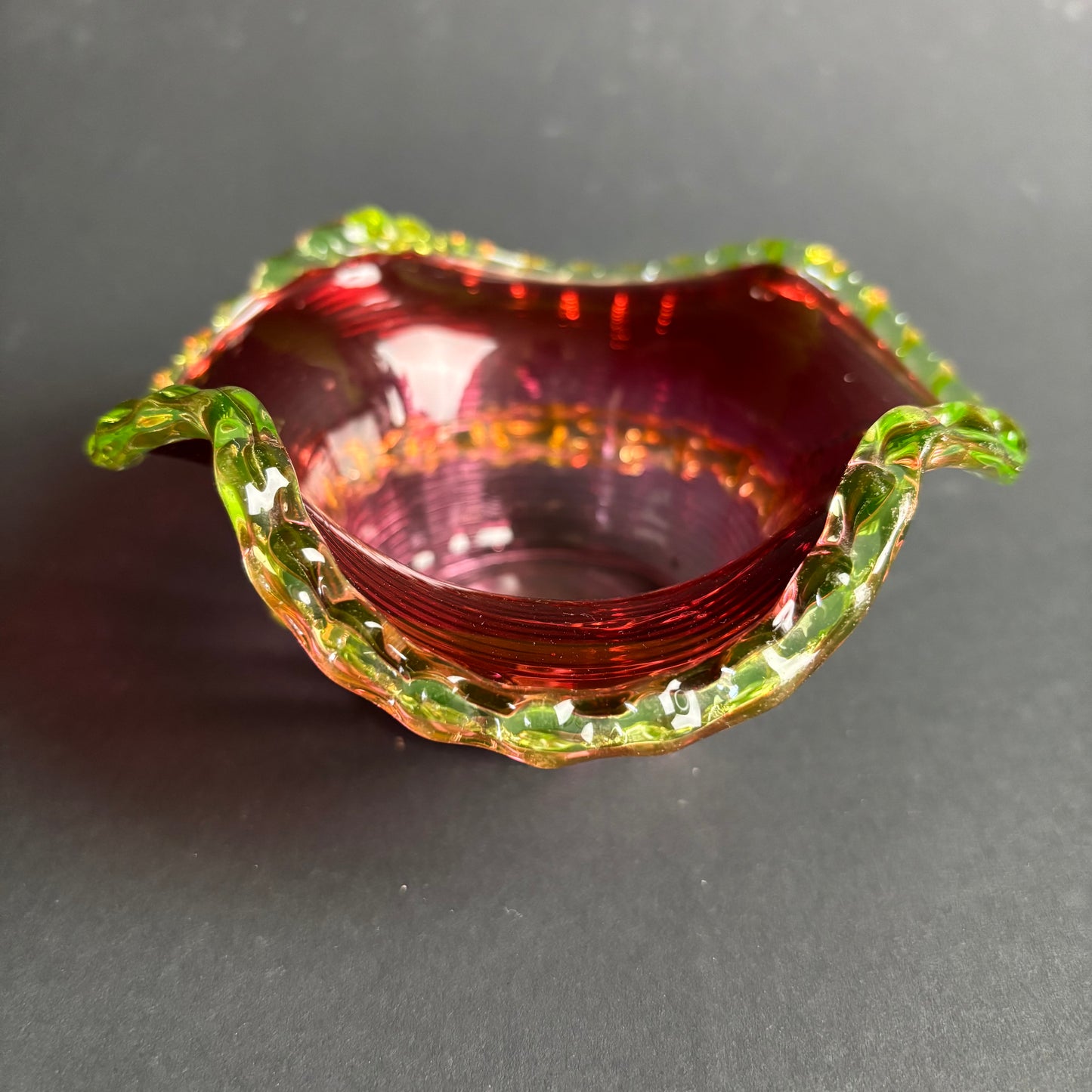 Victorian Cranberry Glass Bowl with Uranium Vaseline Rigaree Rim – UV Reactive – c.1880–1900