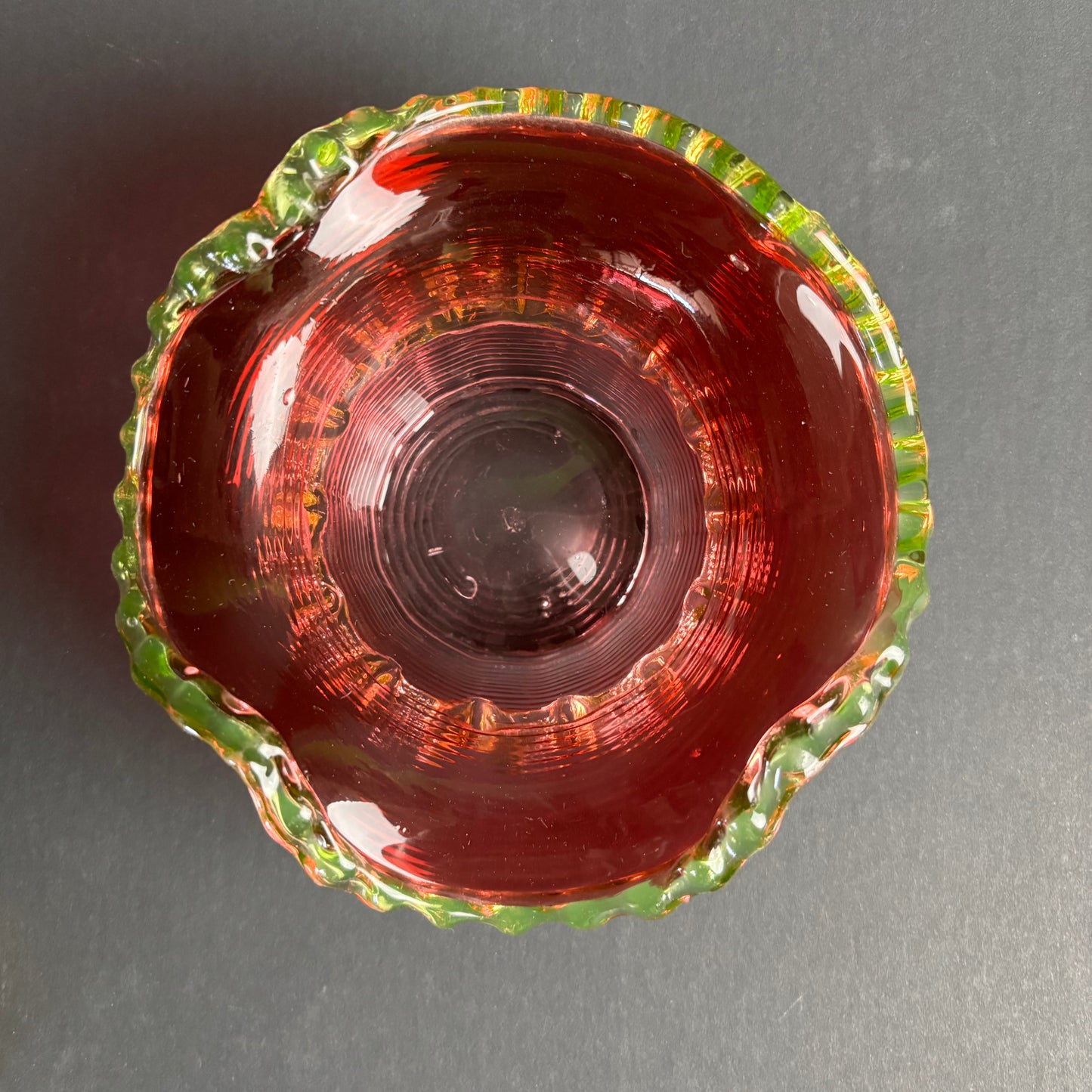 Victorian Cranberry Glass Bowl with Uranium Vaseline Rigaree Rim – UV Reactive – c.1880–1900