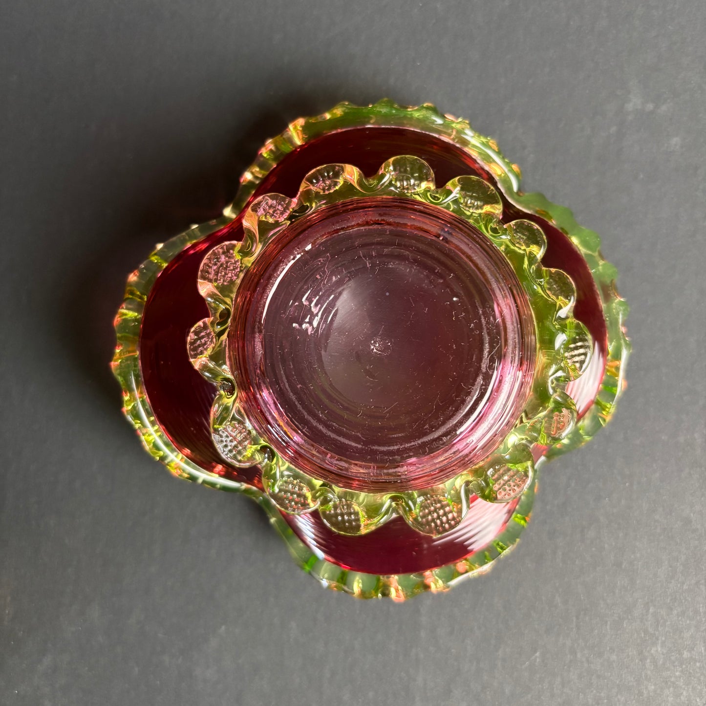 Victorian Cranberry Glass Bowl with Uranium Vaseline Rigaree Rim – UV Reactive – c.1880–1900