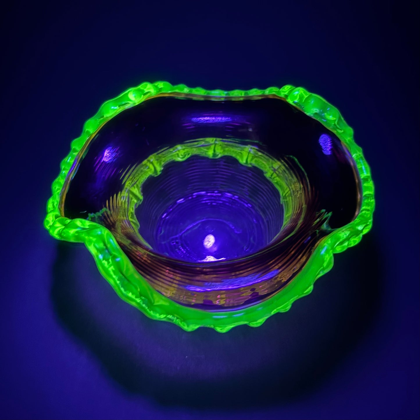 Victorian Cranberry Glass Bowl with Uranium Vaseline Rigaree Rim – UV Reactive – c.1880–1900